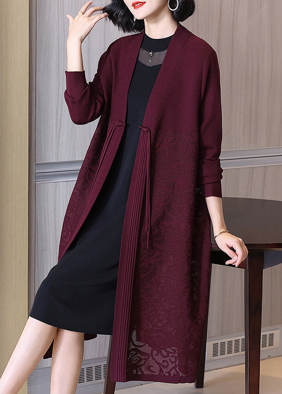 Wine Red Button Hollow Out Cotton Knit Long Cardigan Spring