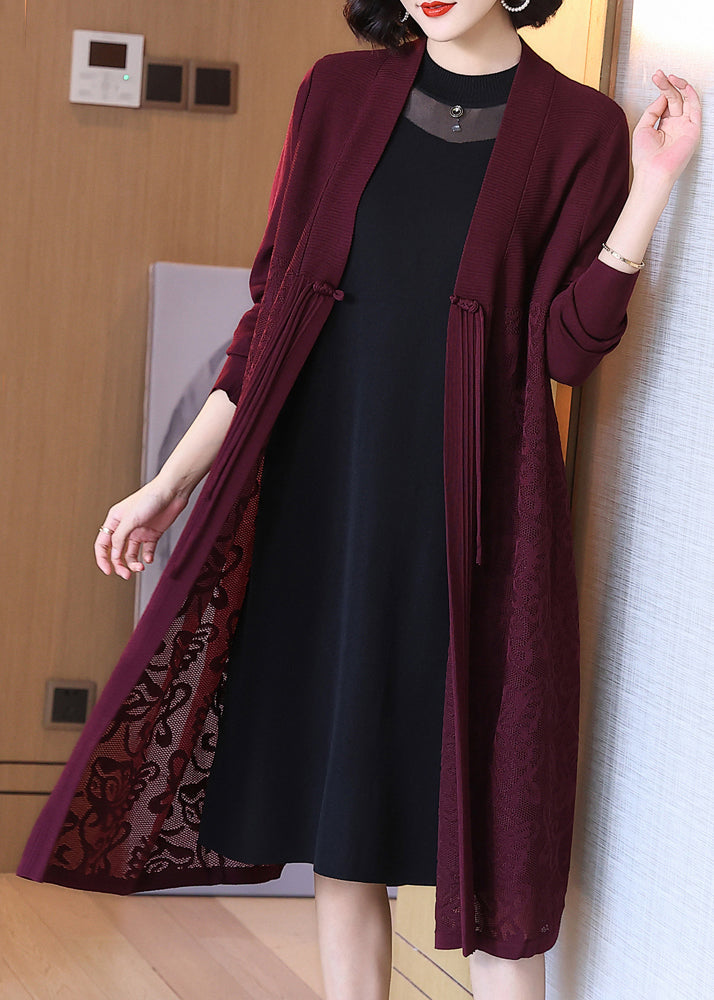 Wine Red Button Hollow Out Cotton Knit Long Cardigan Spring