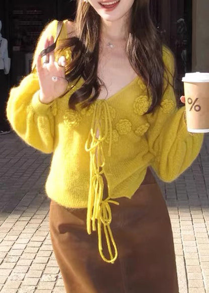 Yellow V Neck Lace Up Knit Sweaters Fall
