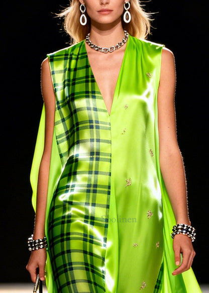 Fluorescent Green Plaid Chiffon Maxi Dresses Asymmetrical Exra Large Hem Summer