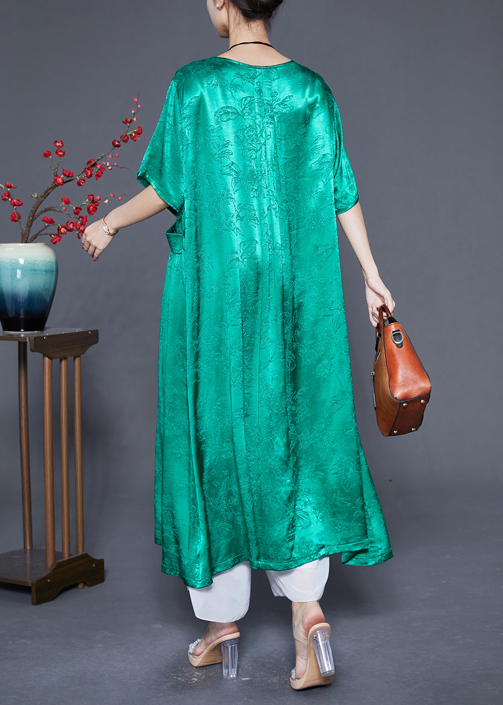 Fluorescent Green Silk Maxi Dresses O-neck Pockets Summer
