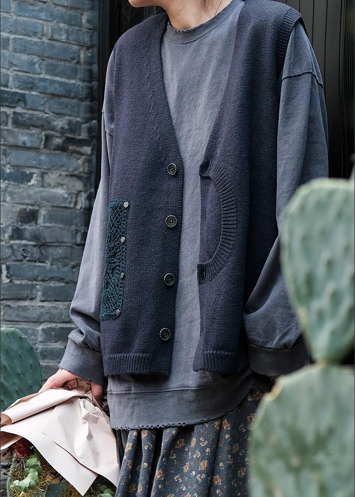For Spring Blue Spring V Neck Button Down Knitted Coat