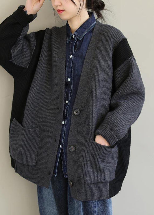 For Spring Gray Knitted Pullover V Neck Button Downfall Spring Knit Ssweat Tops