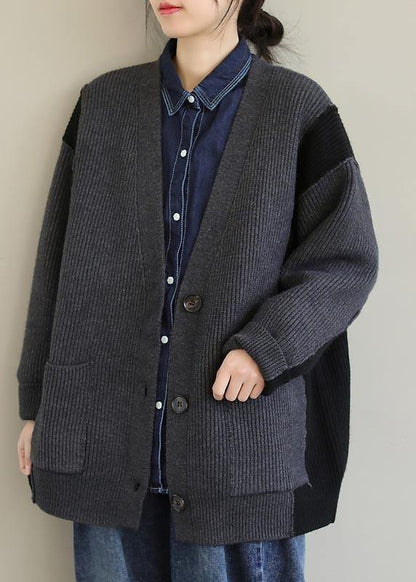 For Spring Gray Knitted Pullover V Neck Button Downfall Spring Knit Ssweat Tops