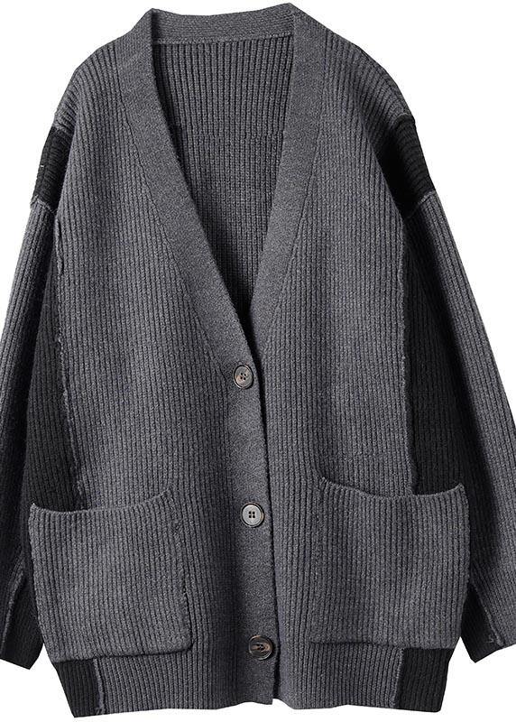 For Spring Gray Knitted Pullover V Neck Button Downfall Spring Knit Ssweat Tops