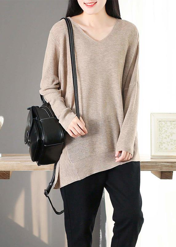 For Spring Nude Clothes V Neck Asymmetric Knit Tops