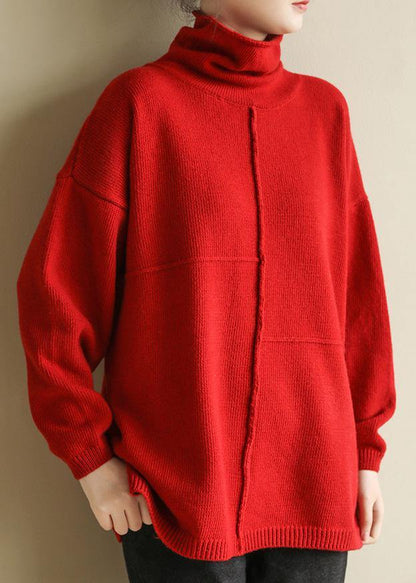 For Spring Turtleneck Red Knitwear Patchwork Knitted Pullover