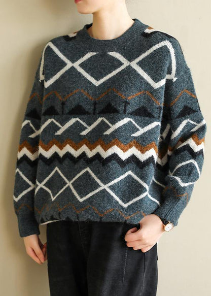 For Spring Army Green Geometry Knitted Pullover Wild O Neck Knitwear