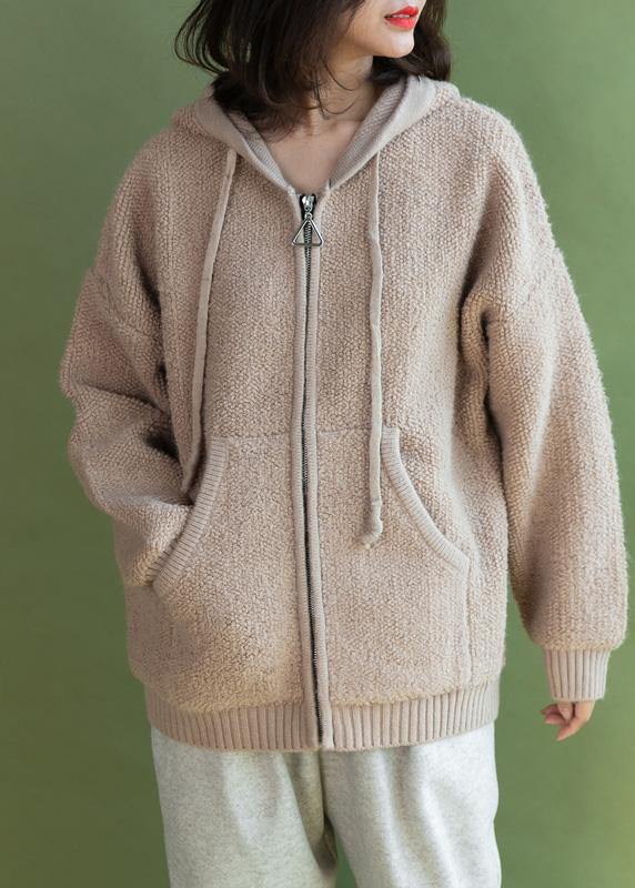 For Spring Beige Knit Coats Winter Hooded Knitted Coat