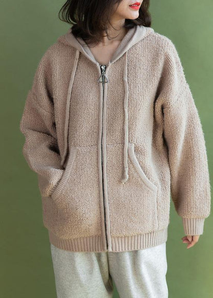 For Spring Beige Knit Coats Winter Hooded Knitted Coat