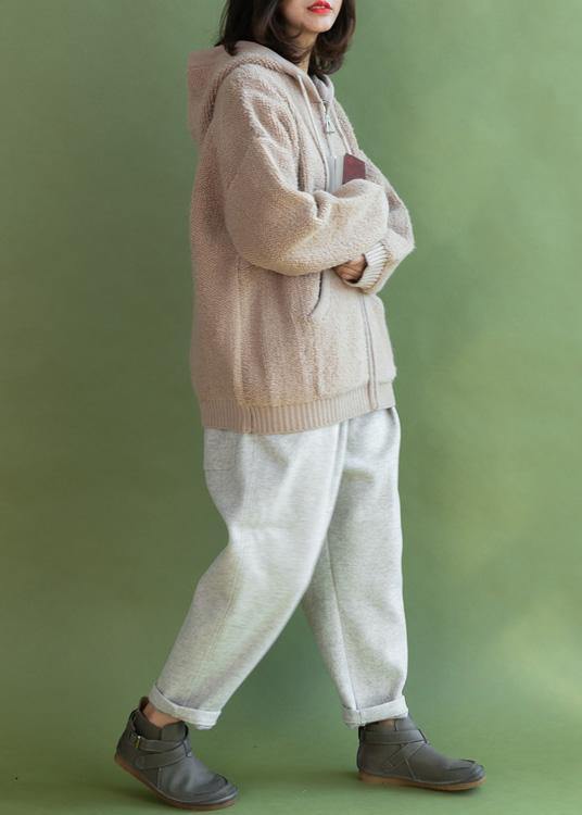 For Spring Beige Knit Coats Winter Hooded Knitted Coat