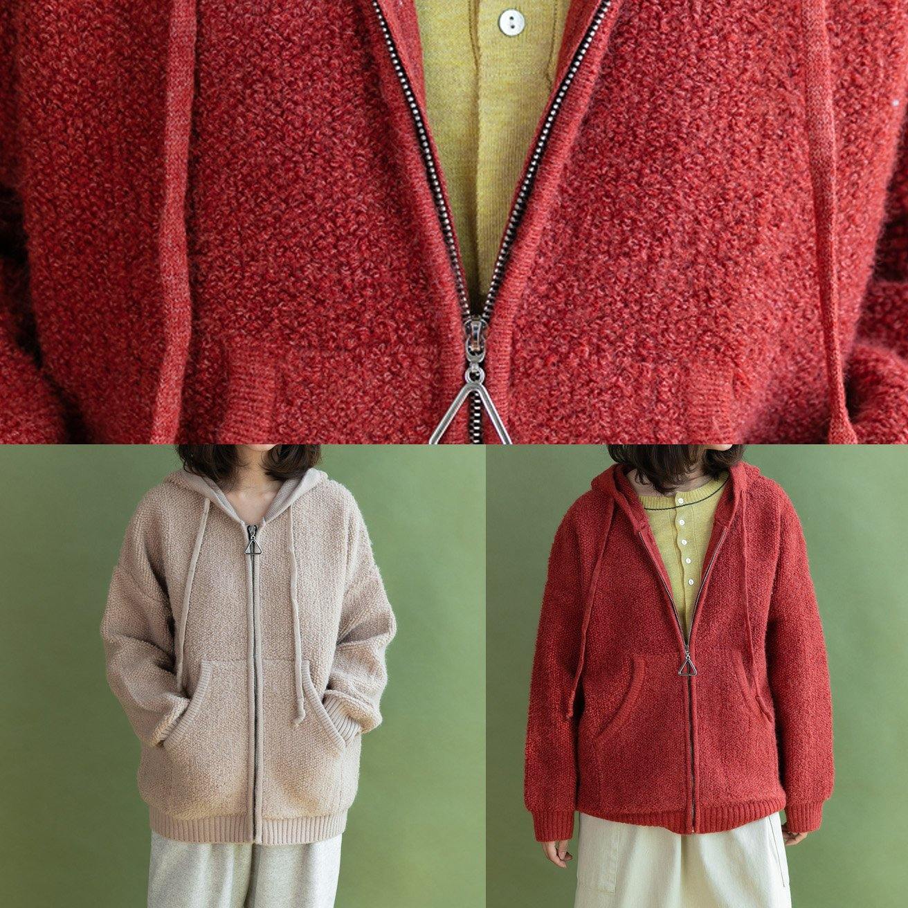 For Spring Beige Knit Coats Winter Hooded Knitted Coat