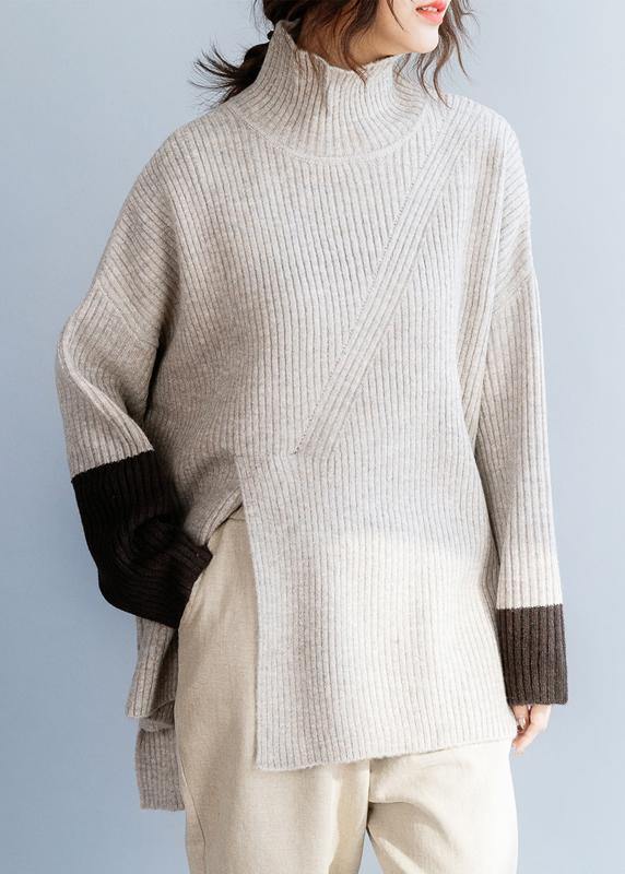 For Spring Beige Knitted Top High Neck Knit Wear Front Open