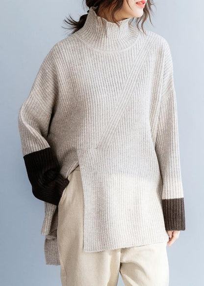 For Spring Beige Knitted Top High Neck Knit Wear Front Open