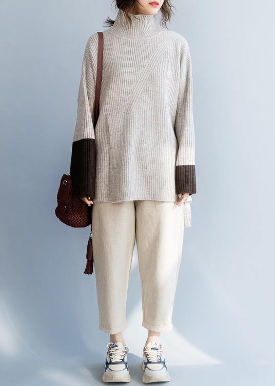 For Spring Beige Knitted Top High Neck Knit Wear Front Open