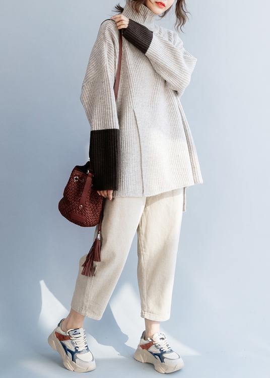 For Spring Beige Knitted Top High Neck Knit Wear Front Open