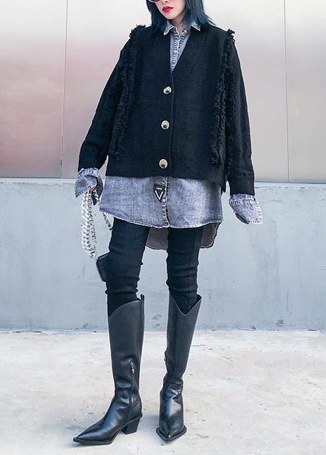For Spring Black Knit Cardigans Oversize Knitwear Lapel Patchwork Tops