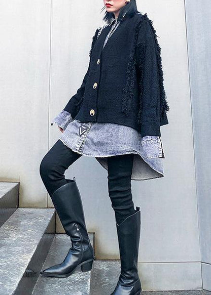 For Spring Black Knit Cardigans Oversize Knitwear Lapel Patchwork Tops