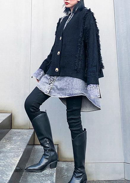 For Spring Black Knit Cardigans Oversize Knitwear Lapel Patchwork Tops