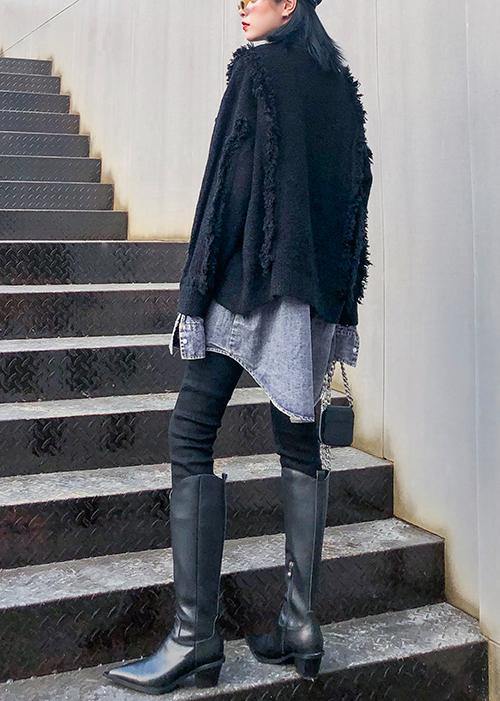 For Spring Black Knit Cardigans Oversize Knitwear Lapel Patchwork Tops