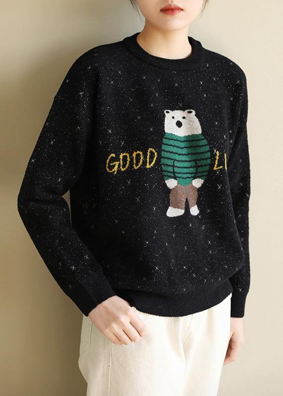 For Spring Black Knit Tops O Neck Loose Fitting Cartoon Print Knitted Blouse