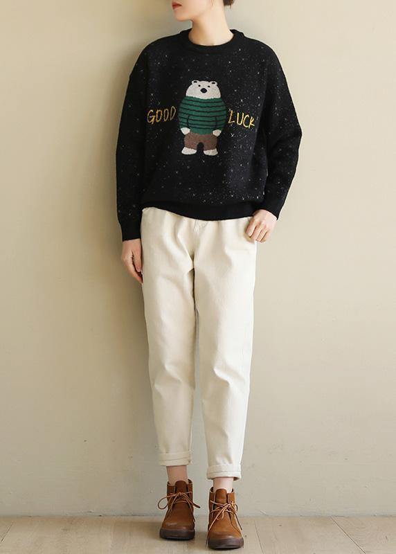 For Spring Black Knit Tops O Neck Loose Fitting Cartoon Print Knitted Blouse