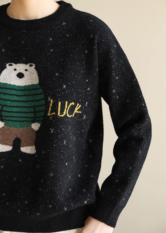 For Spring Black Knit Tops O Neck Loose Fitting Cartoon Print Knitted Blouse