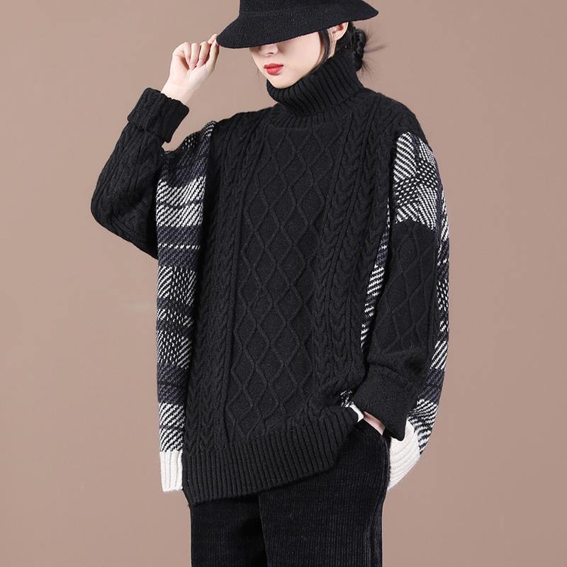 For Spring Black Plaid Khitted Clothes High Neck Knit Tops