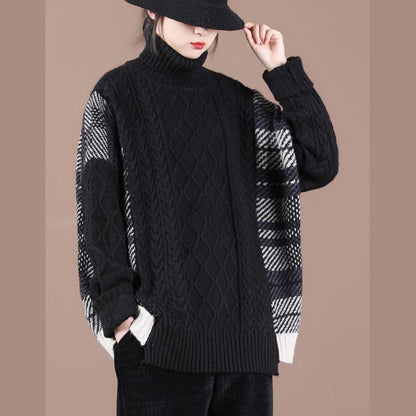 For Spring Black Plaid Khitted Clothes High Neck Knit Tops