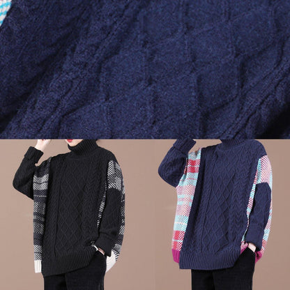 For Spring Black Plaid Khitted Clothes High Neck Knit Tops