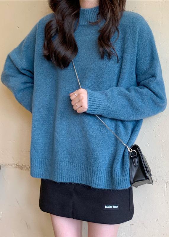 For Spring Blue Sweater Tops High Neck Knit Sweat Tops