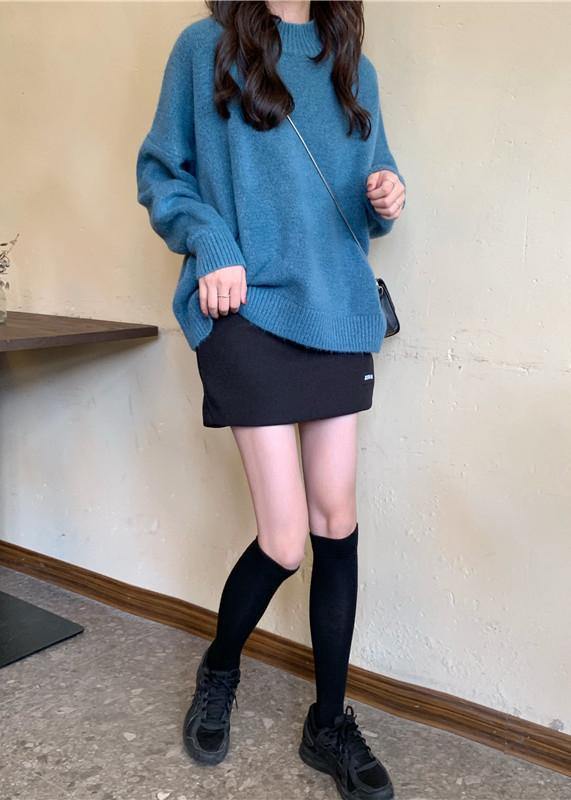 For Spring Blue Sweater Tops High Neck Knit Sweat Tops