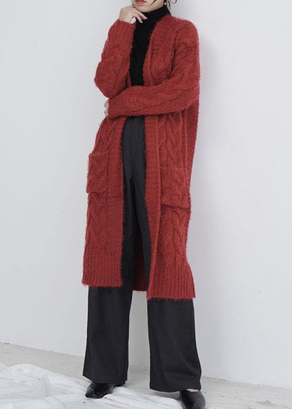 For Spring Burgundy Oversize Fall Pockets Knit Sweat Tops