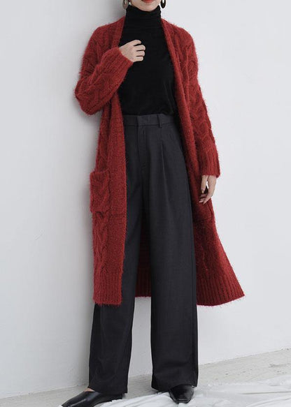 For Spring Burgundy Oversize Fall Pockets Knit Sweat Tops