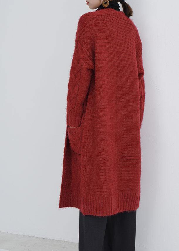For Spring Burgundy Oversize Fall Pockets Knit Sweat Tops