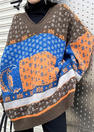 For Spring Chocolate Print Knit Tops V Neck Patchwork Blouse