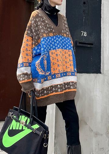 For Spring Chocolate Print Knit Tops V Neck Patchwork Blouse