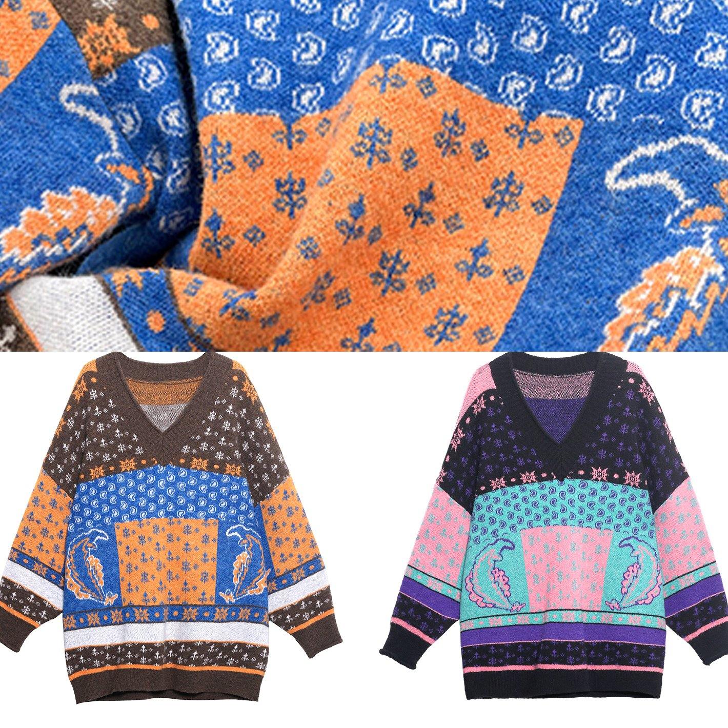 For Spring Chocolate Print Knit Tops V Neck Patchwork Blouse