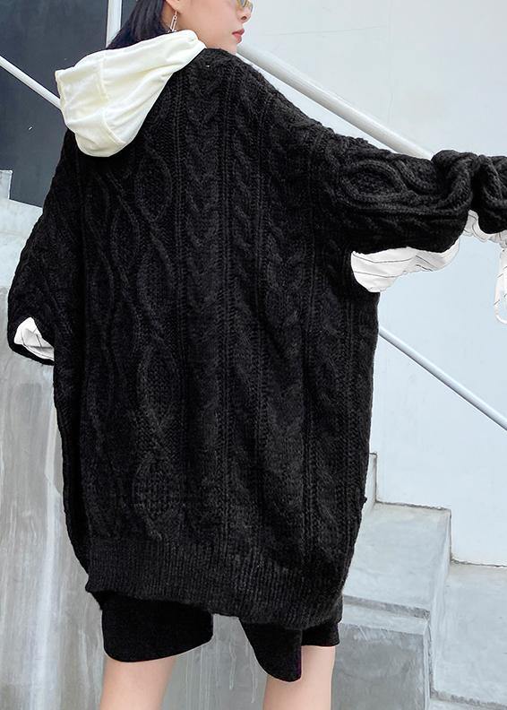 For Spring Fall Black Knit Tops Hooded Clothes for