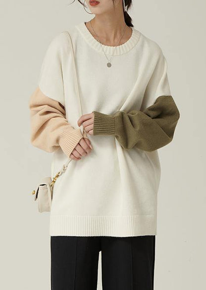 For Spring Fall Nude Knitwear Fall O Neck Patchwork Blouse
