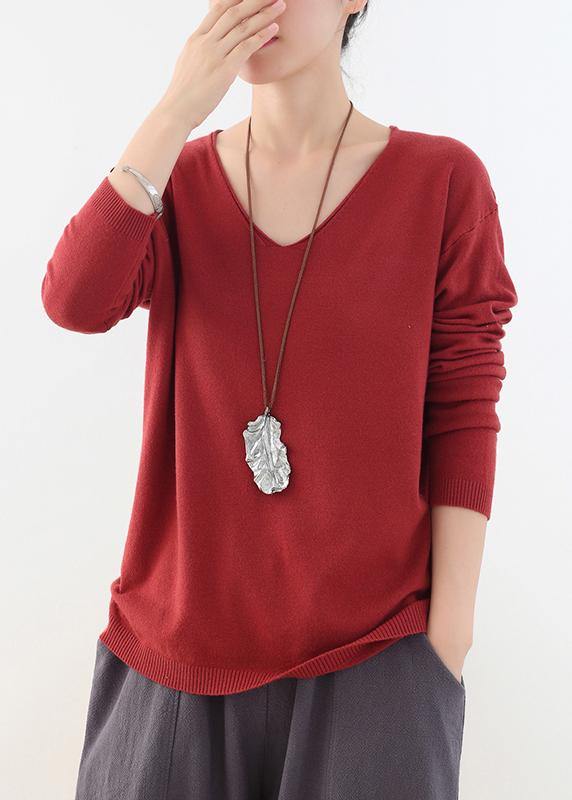 For Spring Fall Red Knitted Blouse V Neck Knitted Top