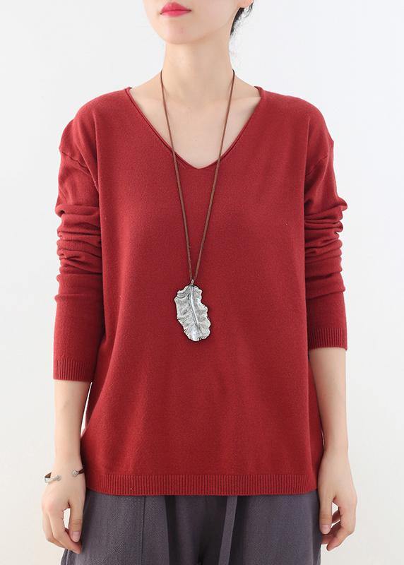 For Spring Fall Red Knitted Blouse V Neck Knitted Top