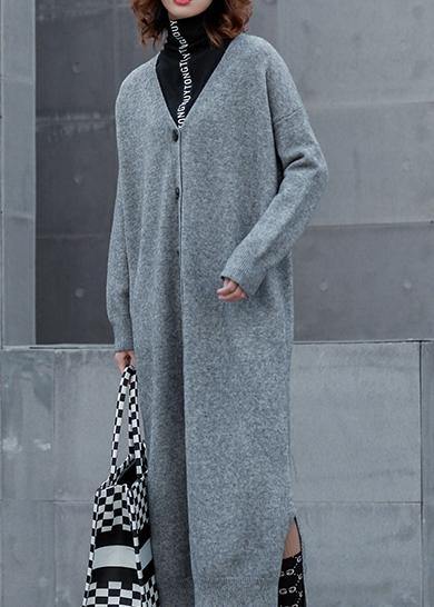 For Spring Gray Sweater Outfits V Neck Side Open Funny Knitwear
