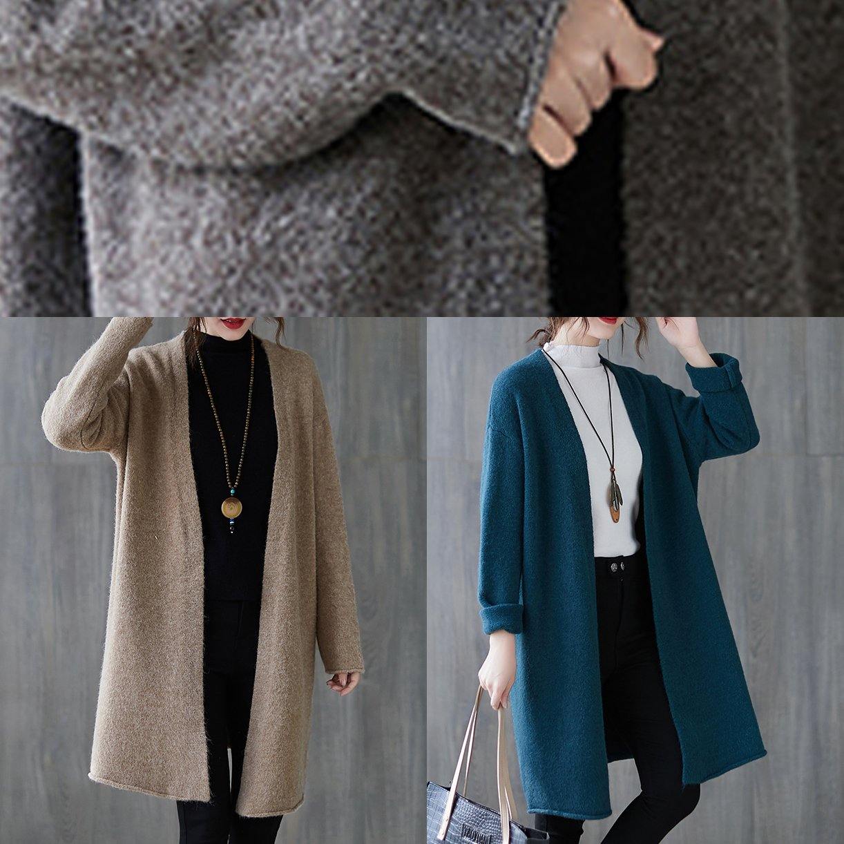 For Spring Gray Knitted Outwear Oversized Fall V Neck Sweaters
