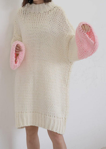 For Spring O Neck Batwing Sleeve Sweater Dress Outfit Classy Beige Funny Knitwear