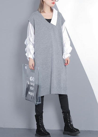 For Spring Patchwork Puff Sleeve Sweater Weather Gray Mujer Knit Dress