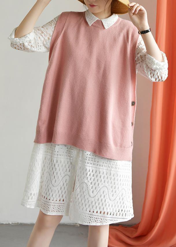 For Spring Pink Clothes O Neck Knit Tops Low High Design