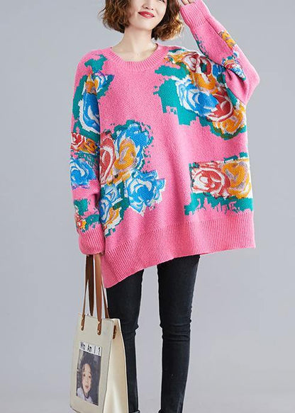 For Spring Pink Print Sweaters O Neck Knit Top Silhouette