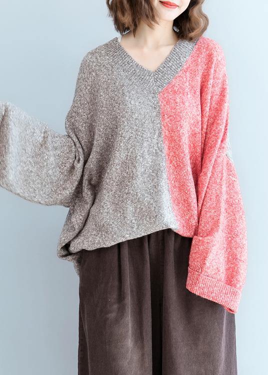 For Spring Red Knitwear V Neck Patchwork Clothes for