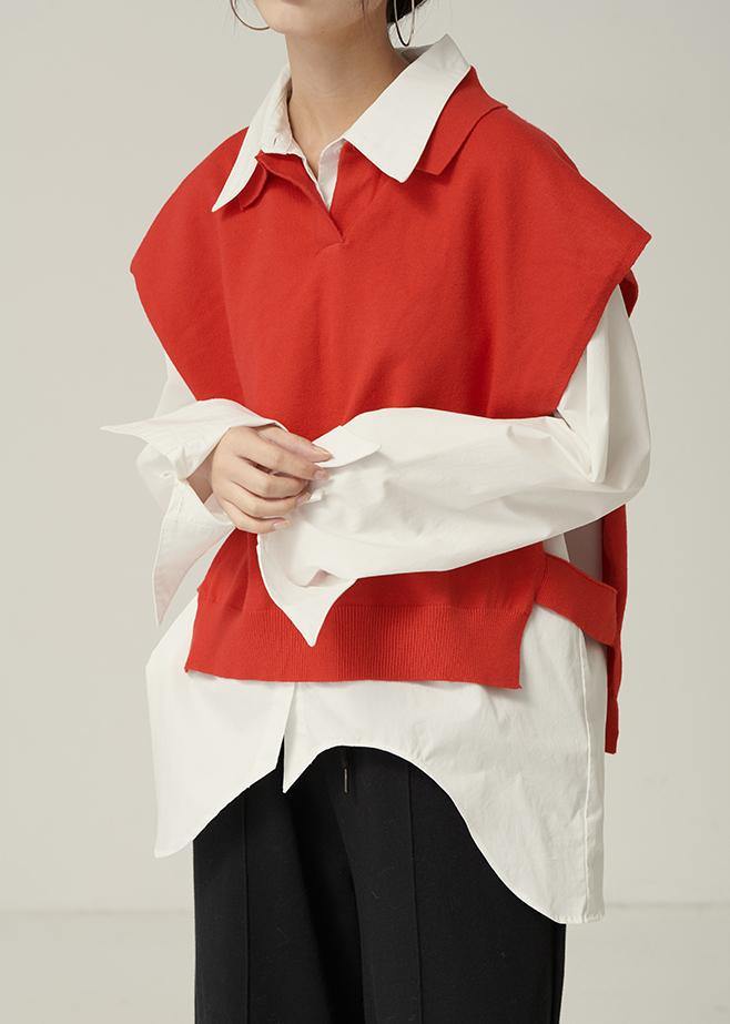 For Spring Red Sweaters Lapel Sleeveless Knit Tops